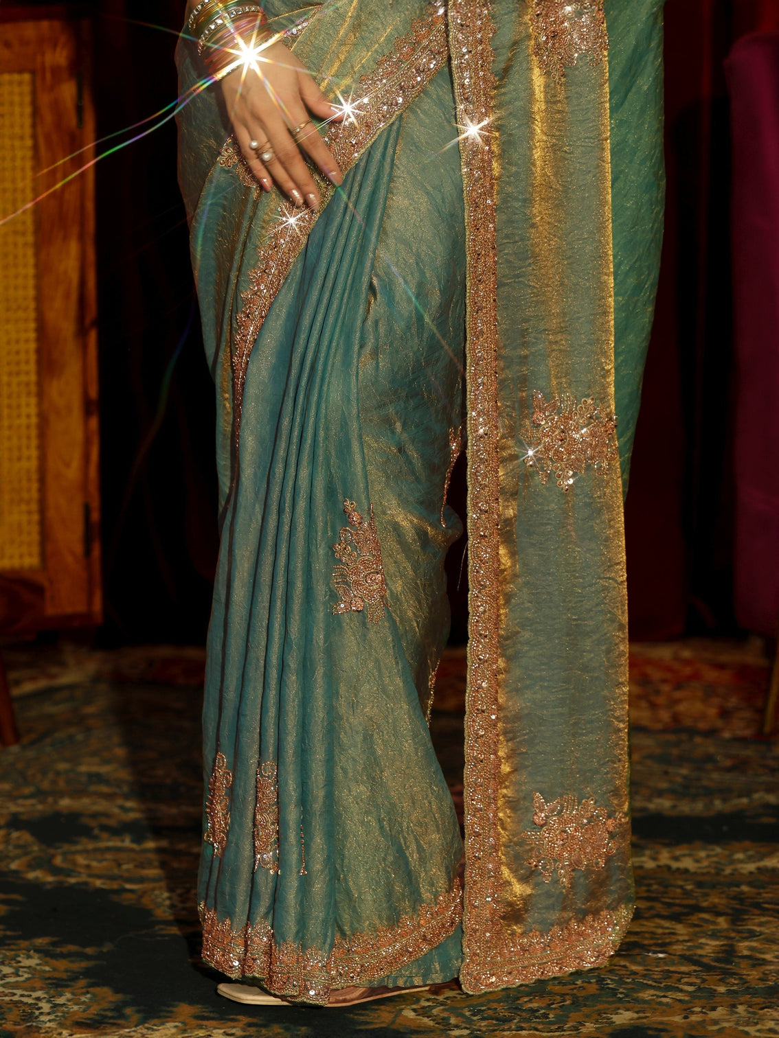 Mameraa Art Green Floral Embellished Tissue Saree