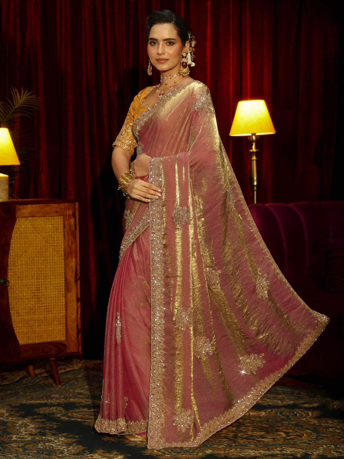 Mameraa Art Dusty Rose Pink Floral Embellished Tissue Saree