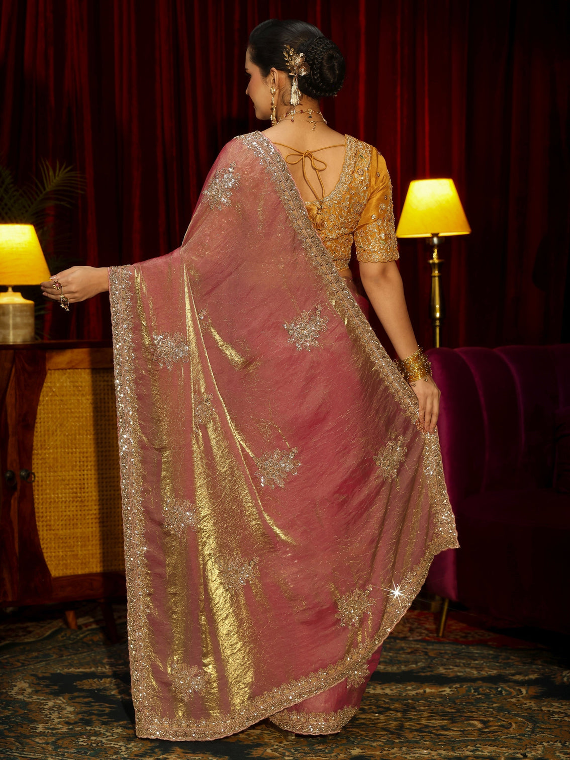 Mameraa Art Dusty Rose Pink Floral Embellished Tissue Saree