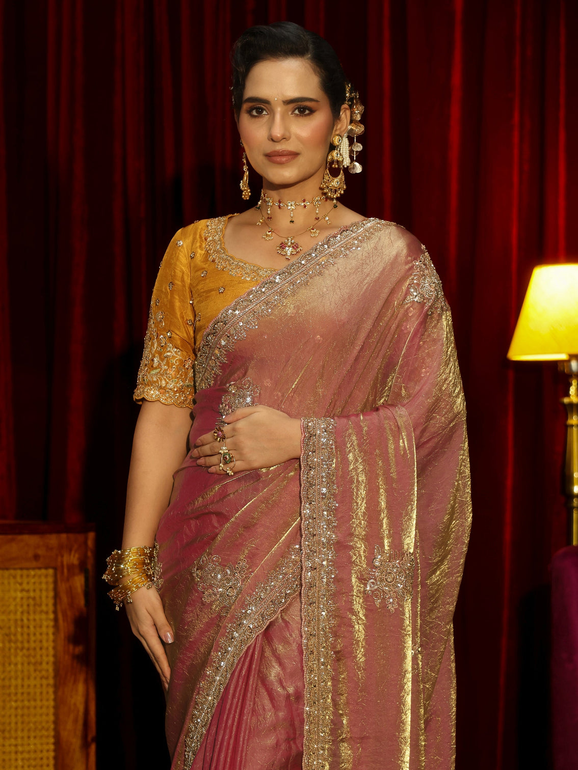 Mameraa Art Dusty Rose Pink Floral Embellished Tissue Saree