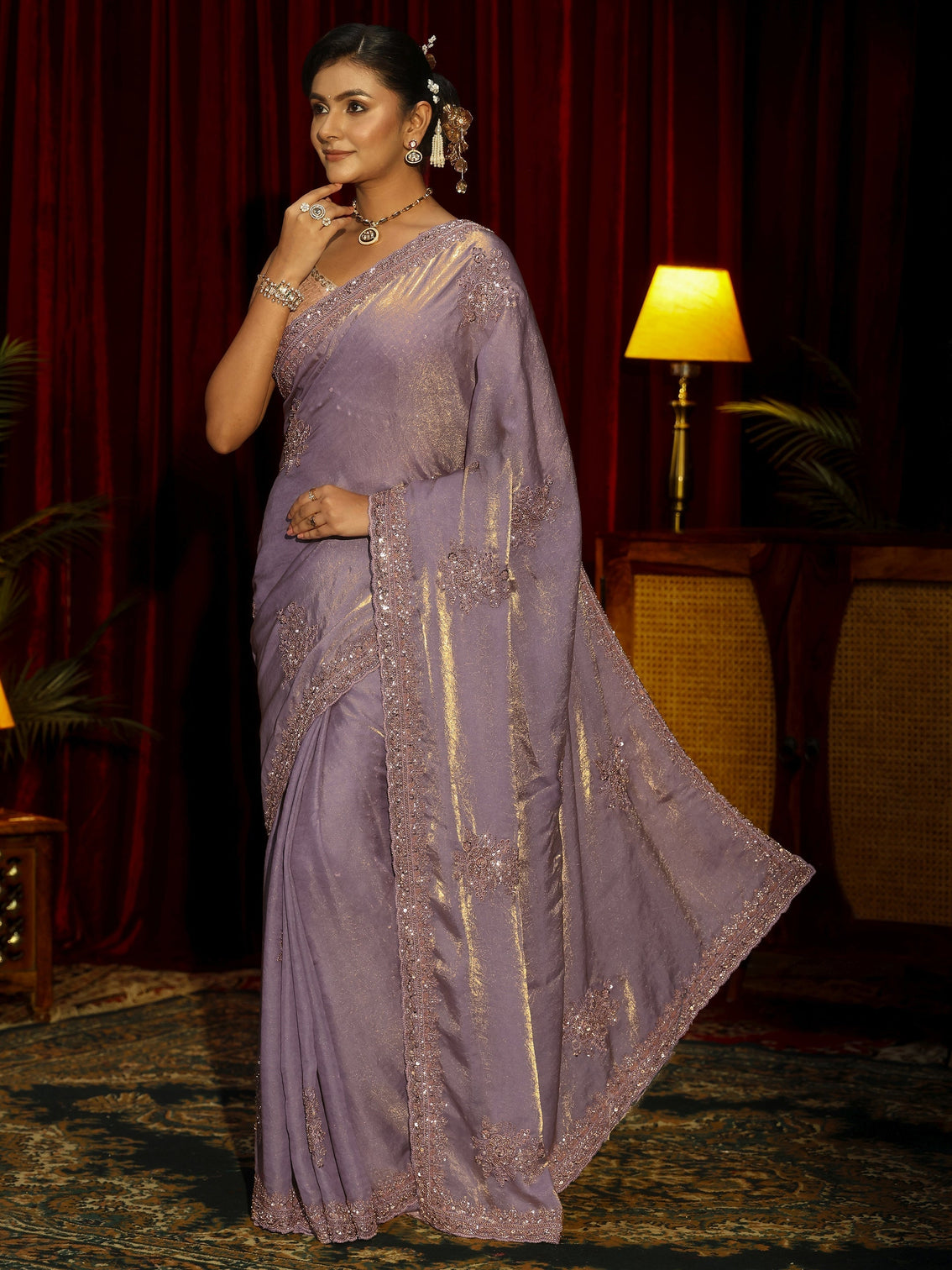 Mameraa Art Lavender Floral Embellished Tissue Saree