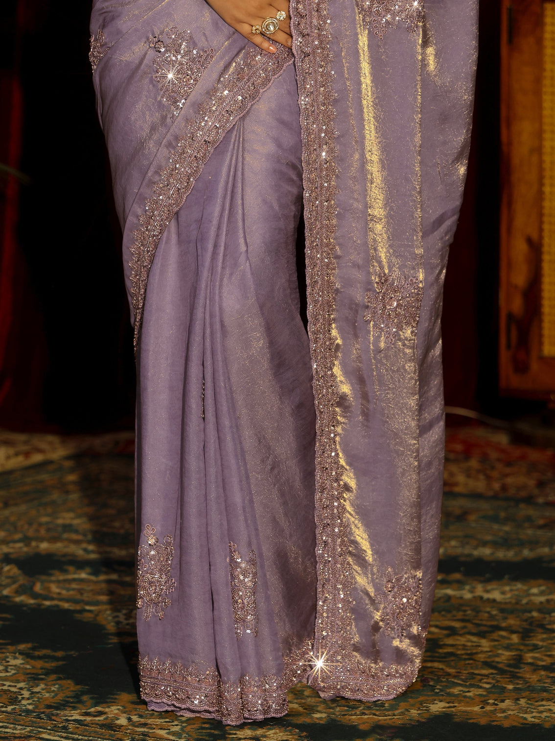Mameraa Art Lavender Floral Embellished Tissue Saree