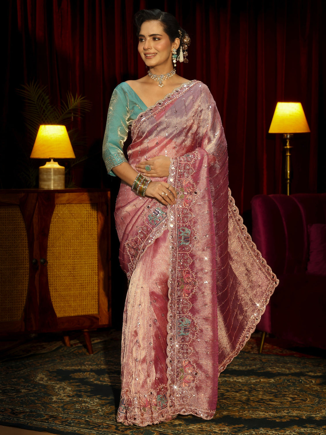 Mameraa Art Dusty Rose Sequin Embellished Tissue Saree
