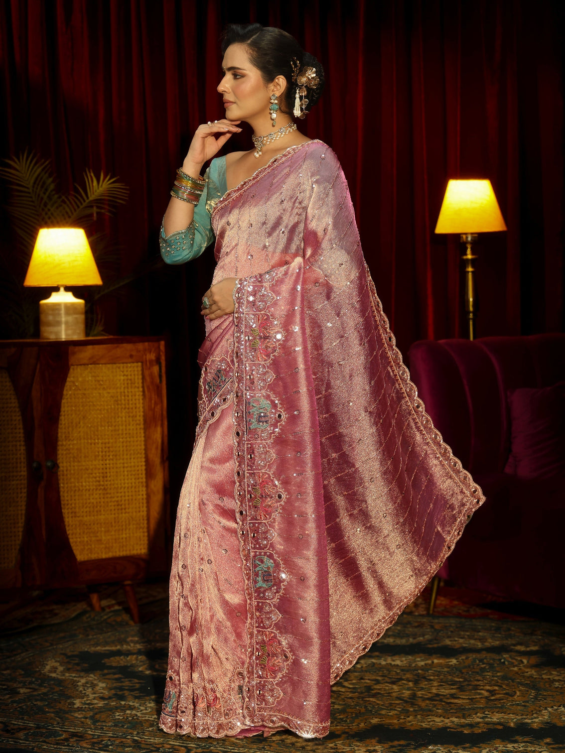 Mameraa Art Dusty Rose Sequin Embellished Tissue Saree