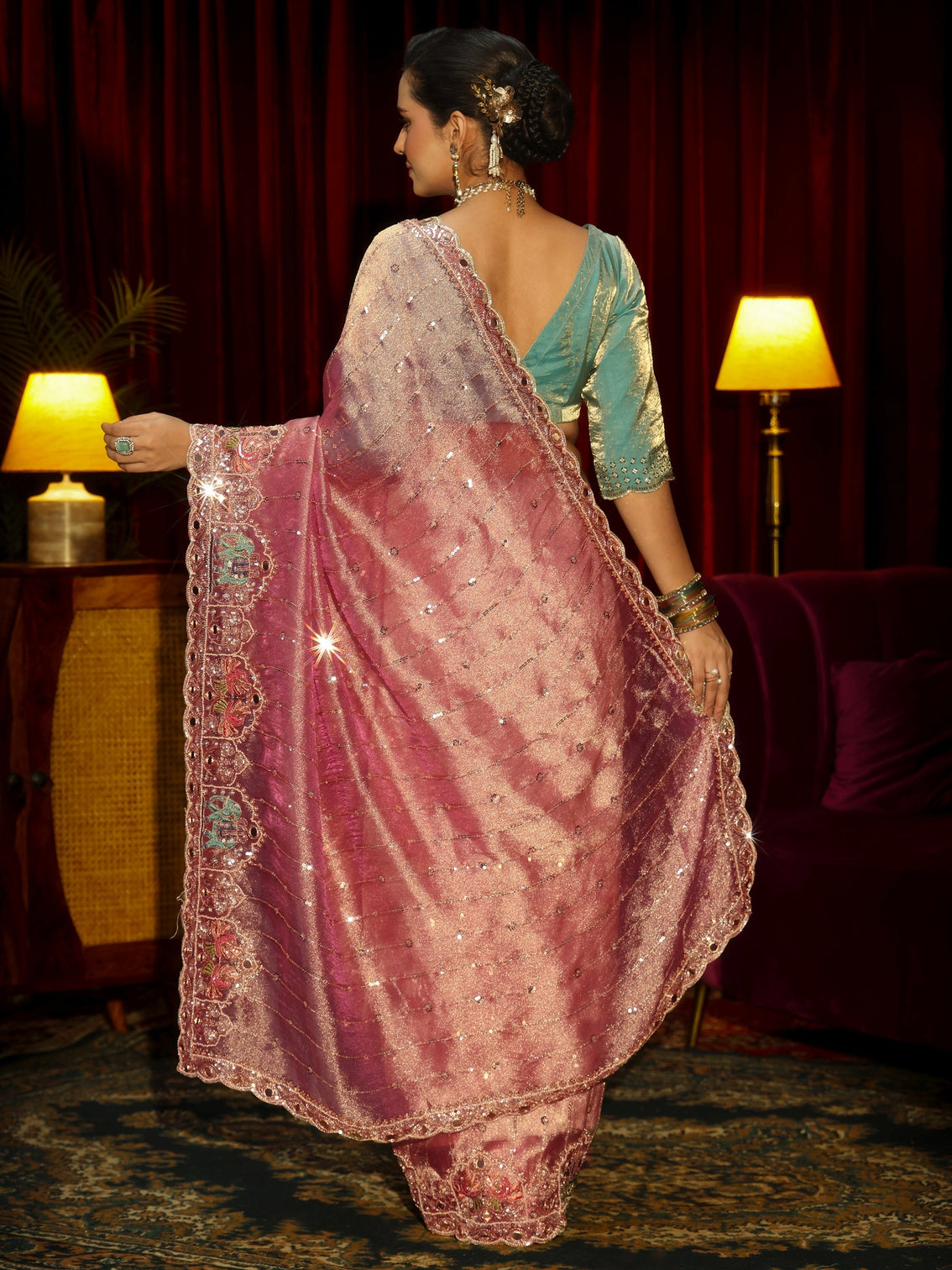 Mameraa Art Dusty Rose Sequin Embellished Tissue Saree
