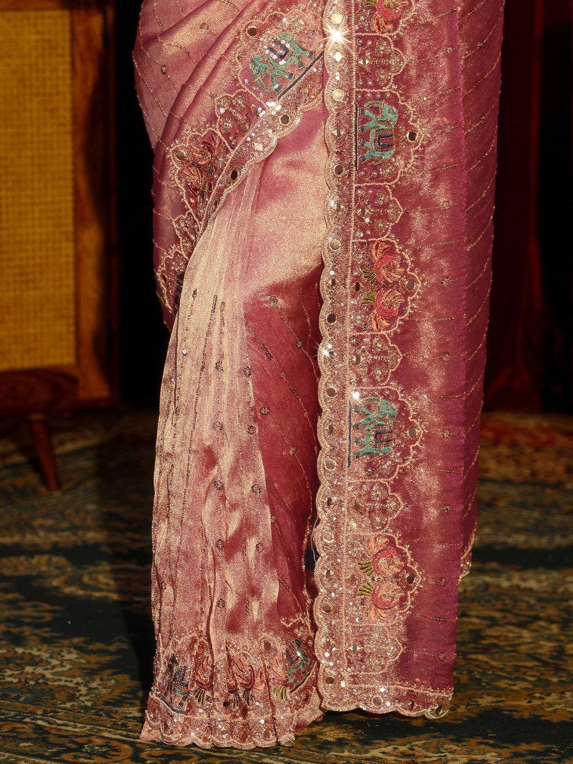 Mameraa Art Dusty Rose Sequin Embellished Tissue Saree