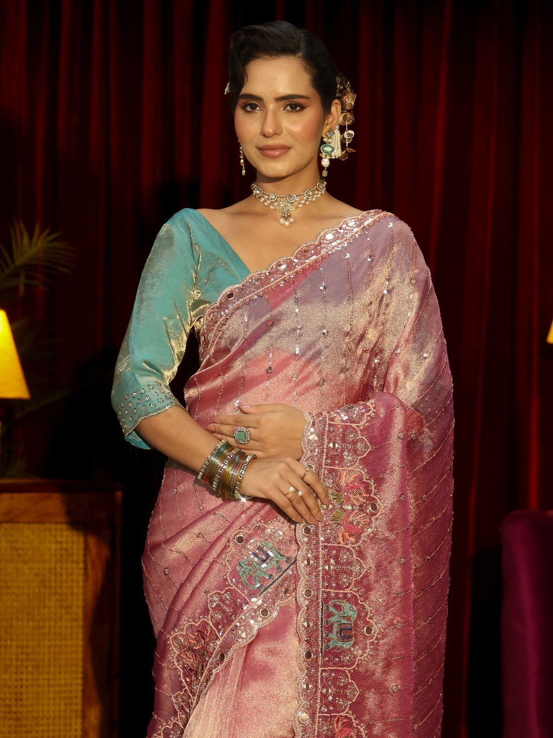 Mameraa Art Dusty Rose Sequin Embellished Tissue Saree