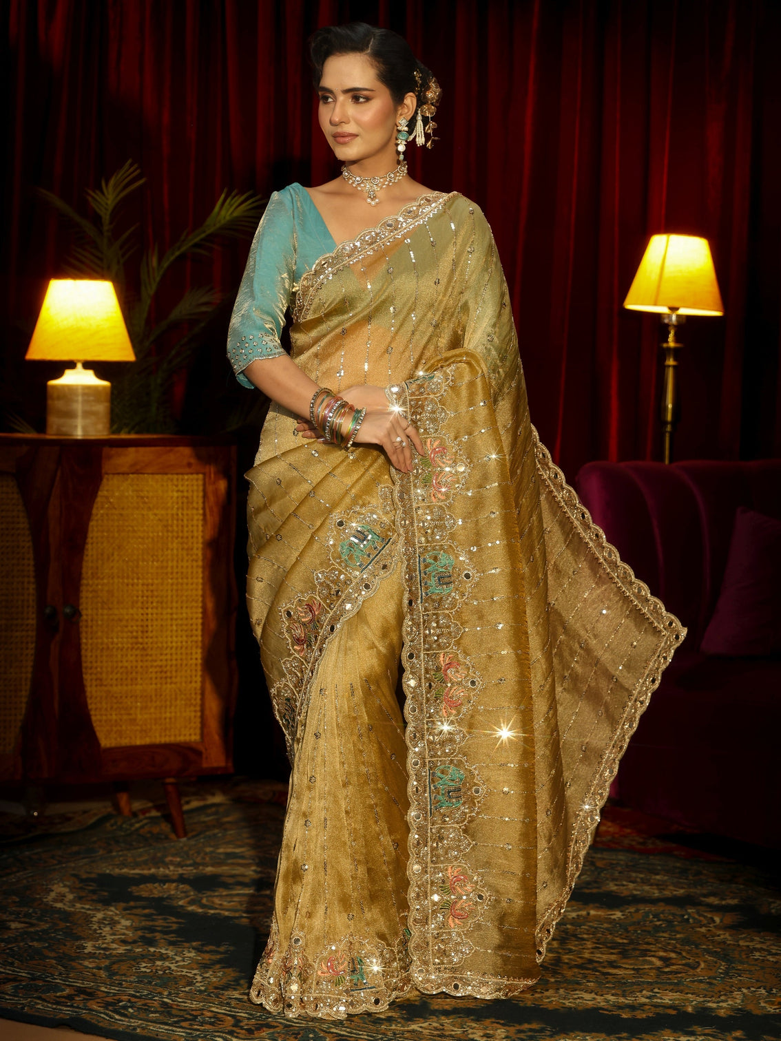 Mameraa Art Green Sequin Embellished Tissue Saree