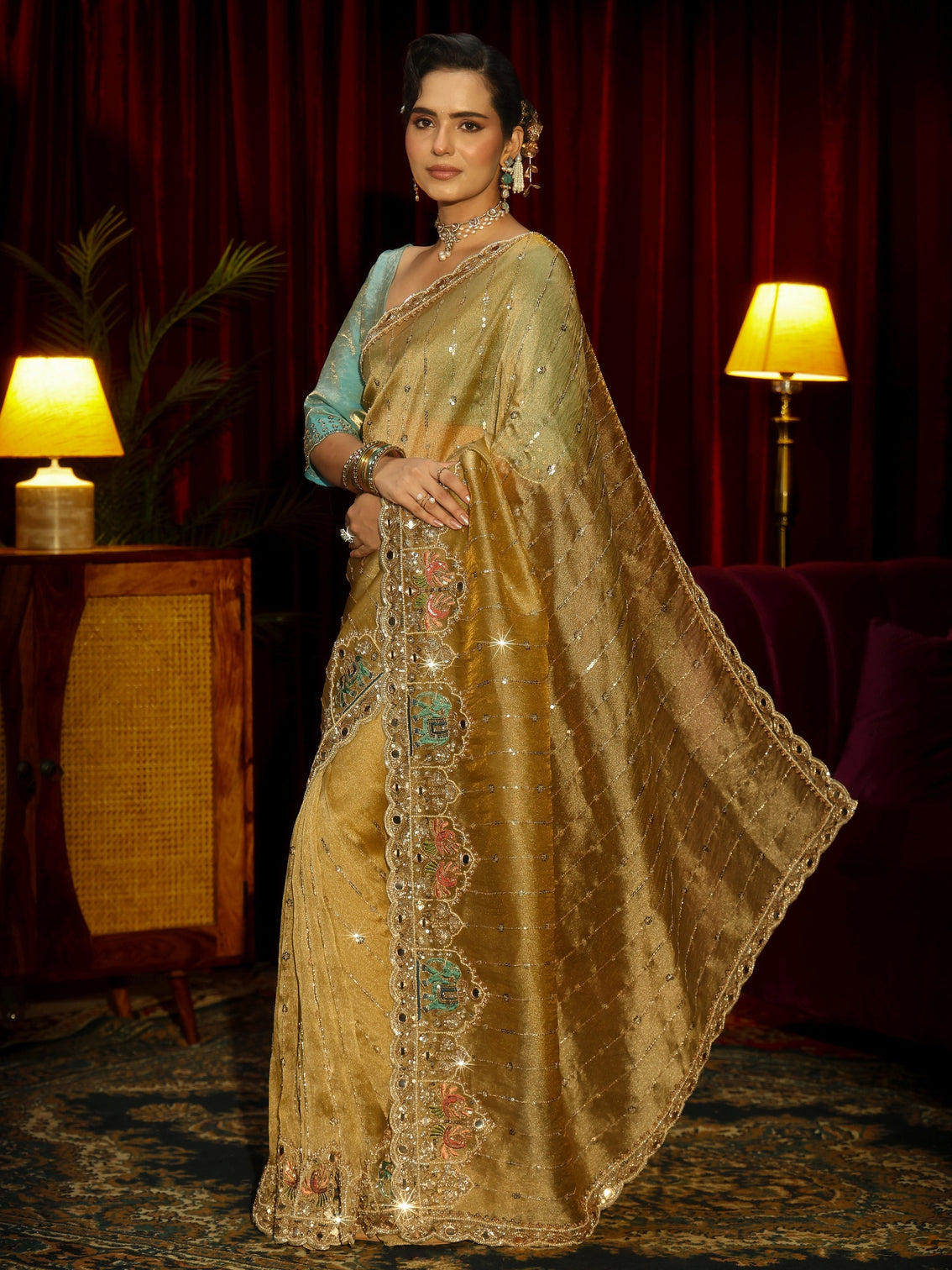 Mameraa Art Green Sequin Embellished Tissue Saree