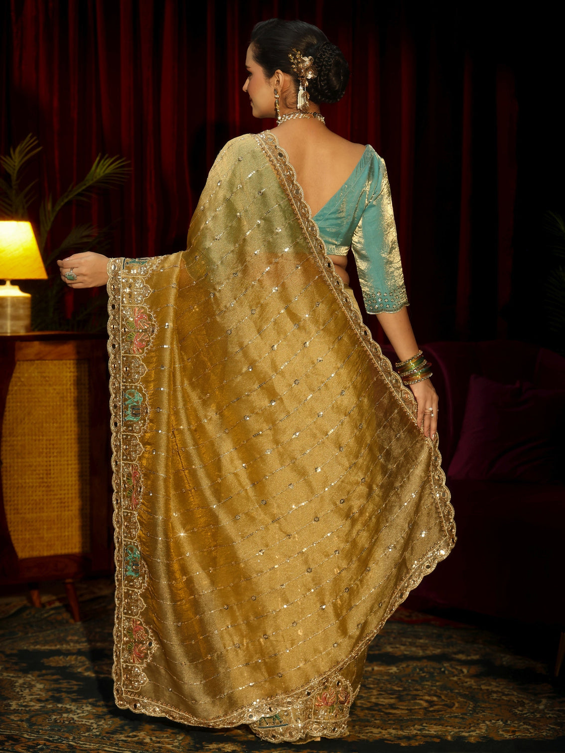 Mameraa Art Green Sequin Embellished Tissue Saree