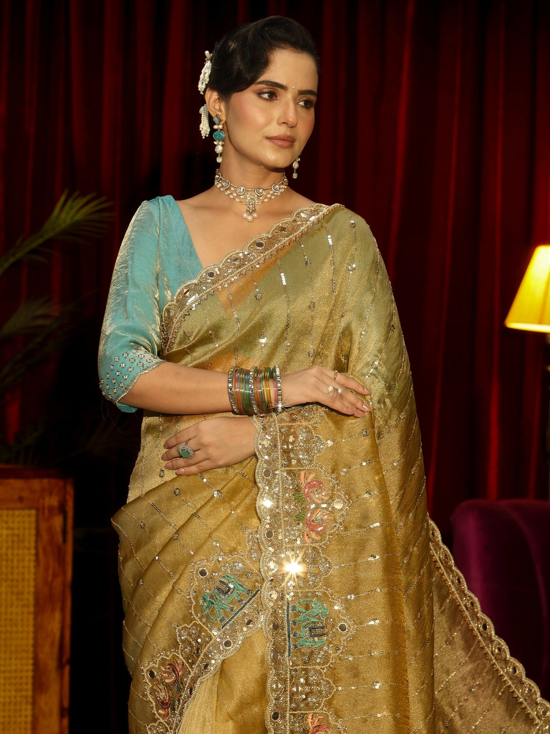 Mameraa Art Green Sequin Embellished Tissue Saree