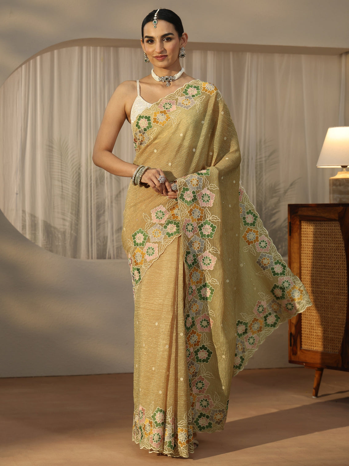Mameraa Mustard Floral Embroidered Organza Saree