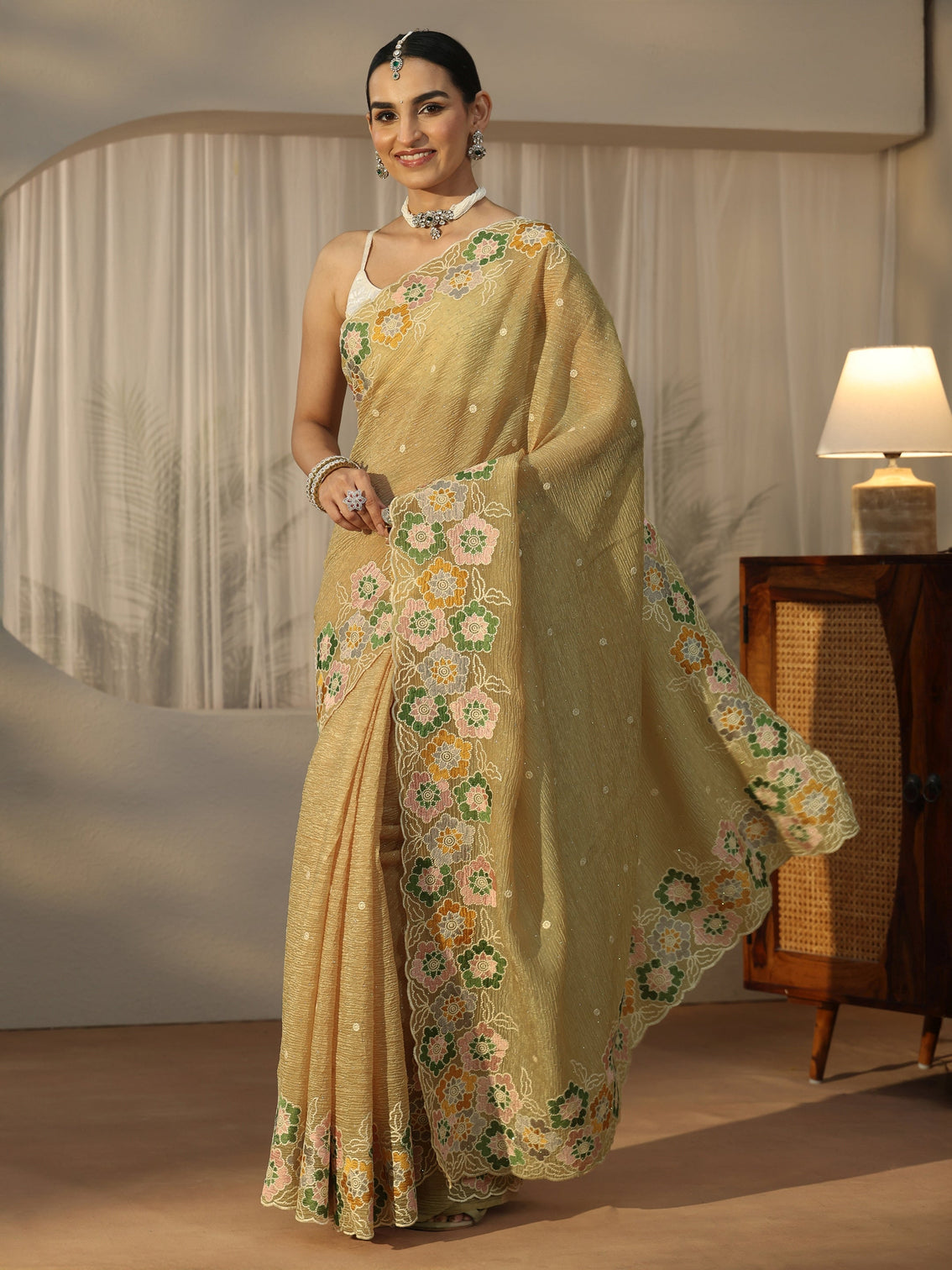 Mameraa Mustard Floral Embroidered Organza Saree