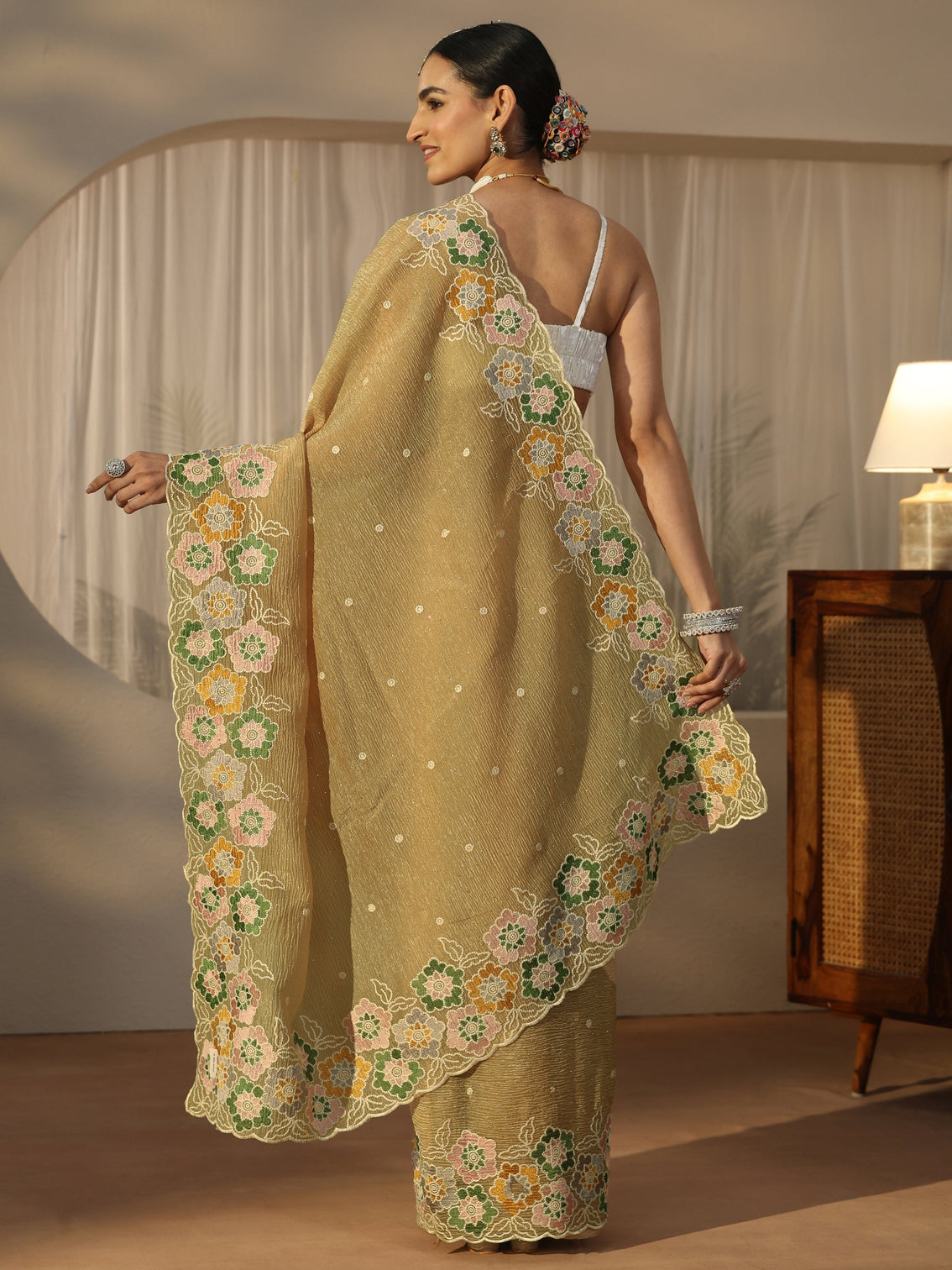 Mameraa Mustard Floral Embroidered Organza Saree