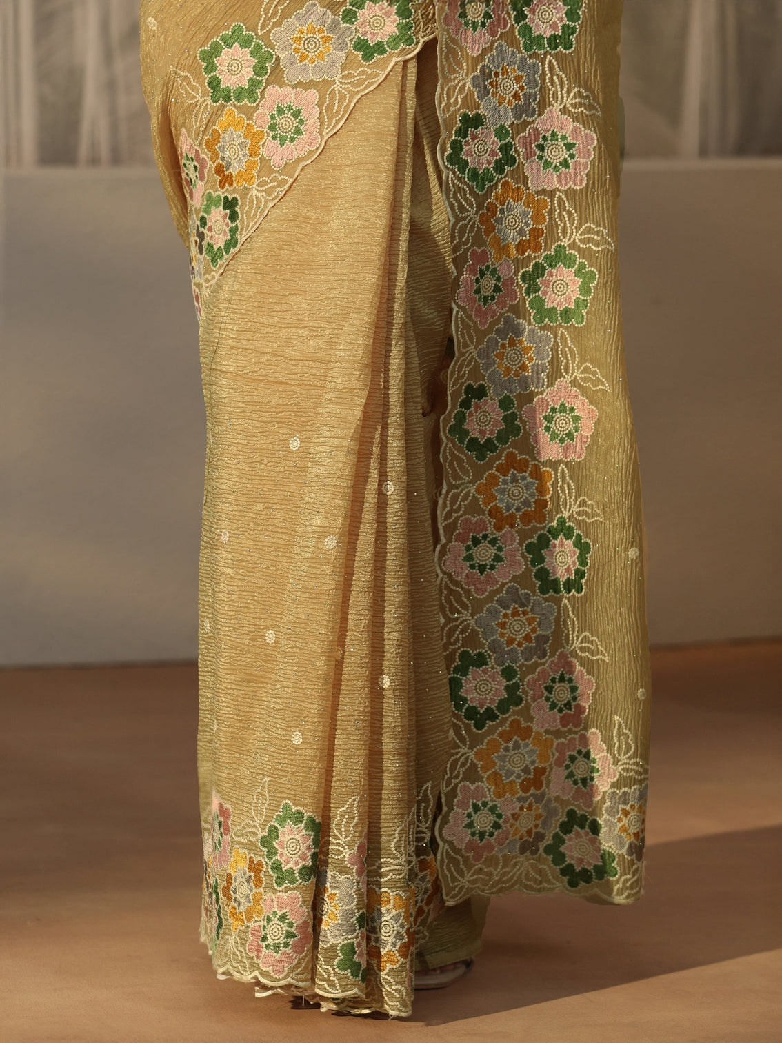 Mameraa Mustard Floral Embroidered Organza Saree
