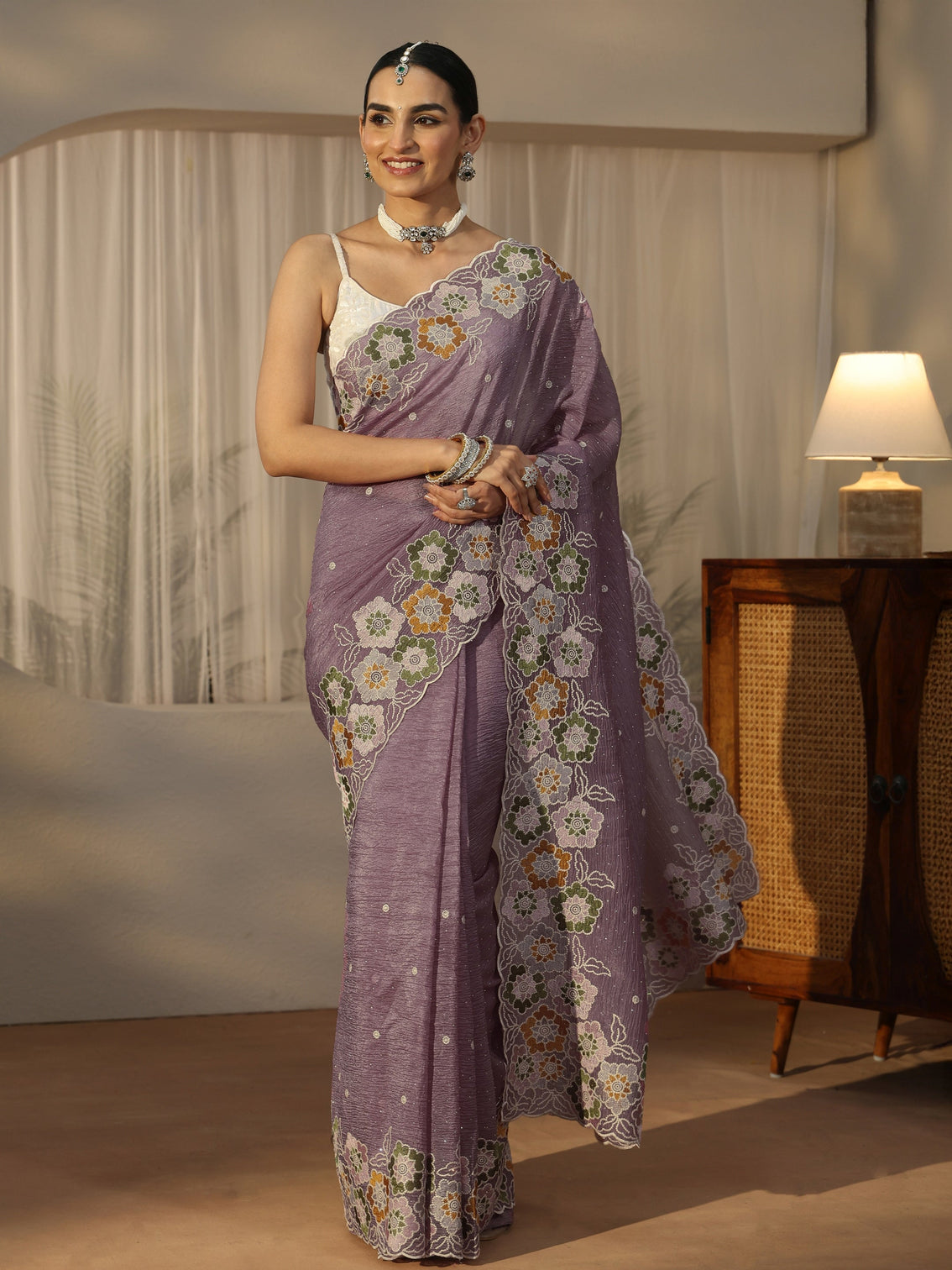 Mameraa Lavender Floral Embroidered Organza Saree