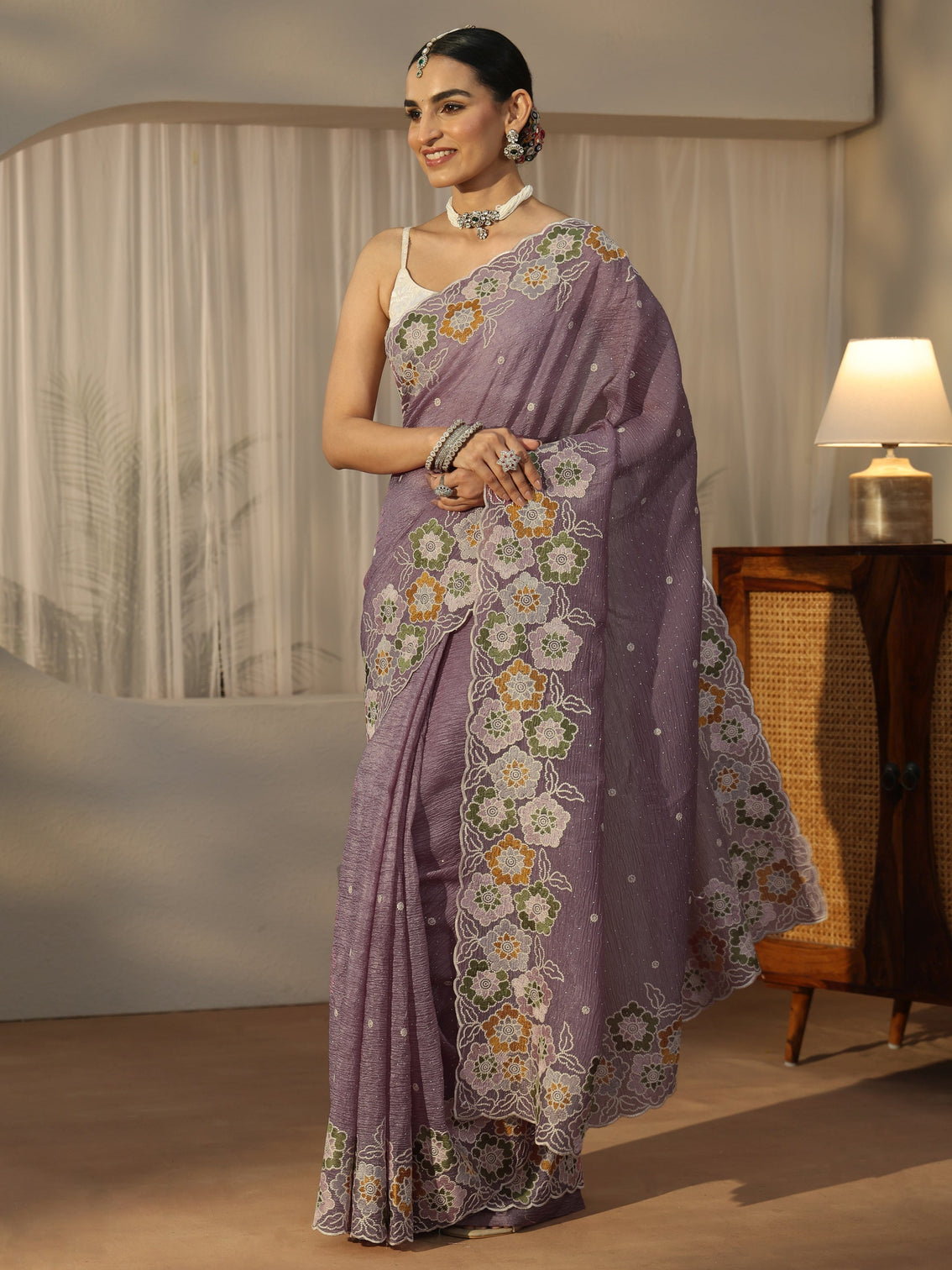 Mameraa Lavender Floral Embroidered Organza Saree