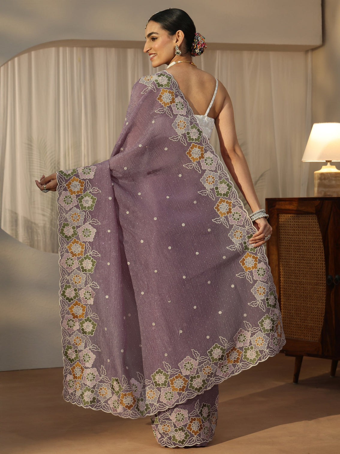 Mameraa Lavender Floral Embroidered Organza Saree