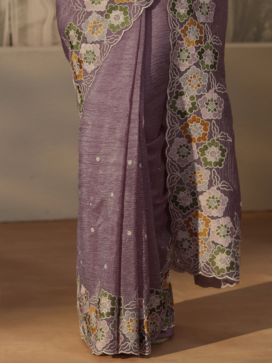 Mameraa Lavender Floral Embroidered Organza Saree