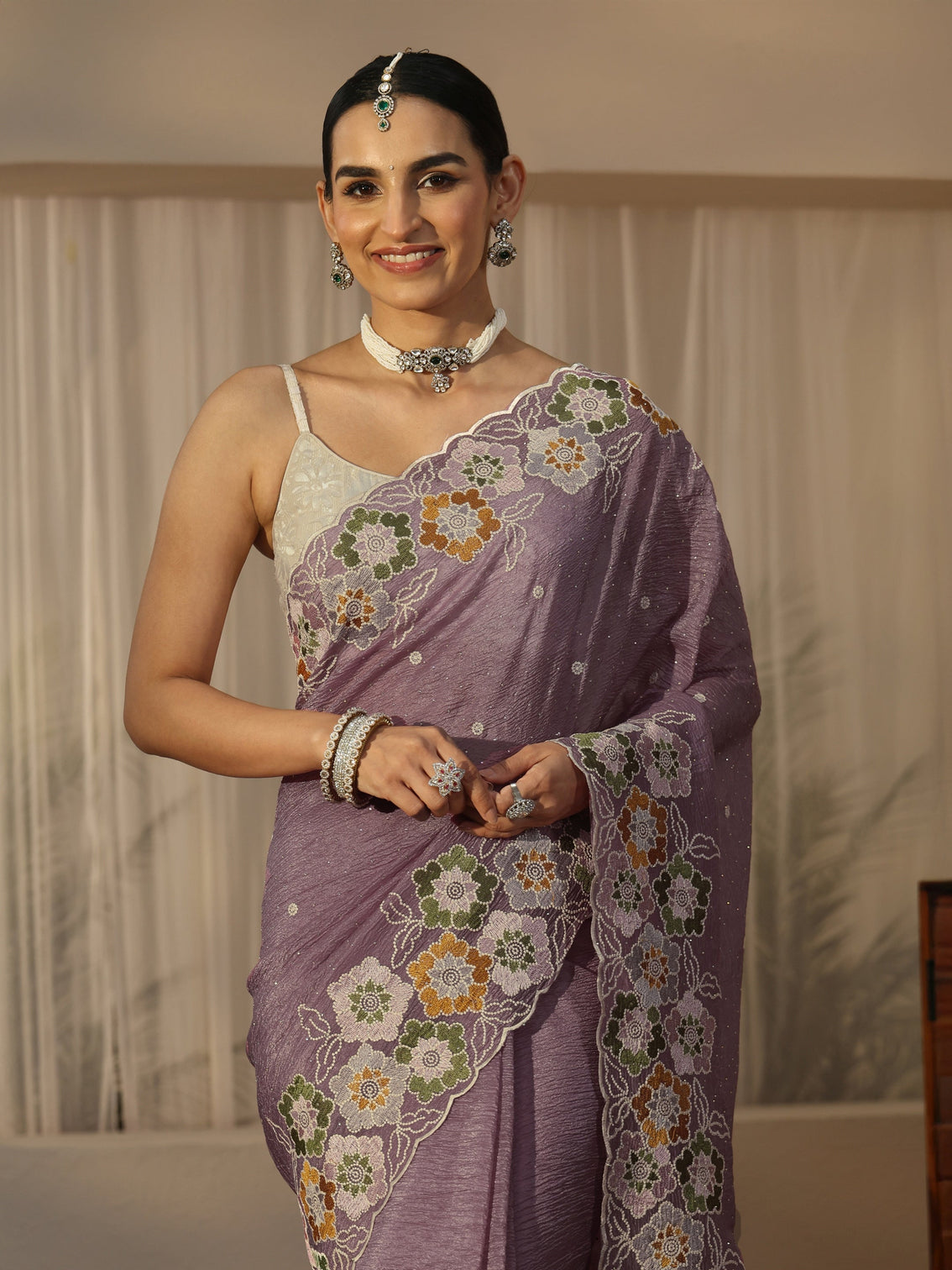 Mameraa Lavender Floral Embroidered Organza Saree