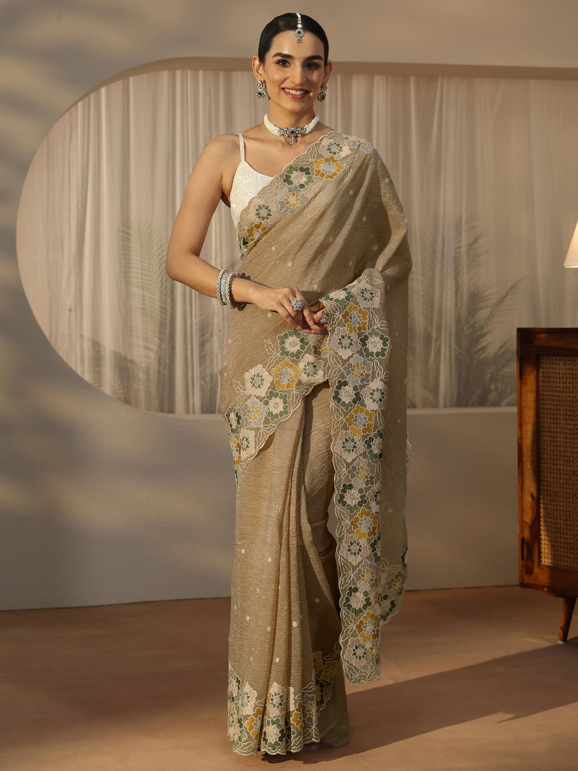 Mameraa Peach Floral Stone Work Embroidered saree
