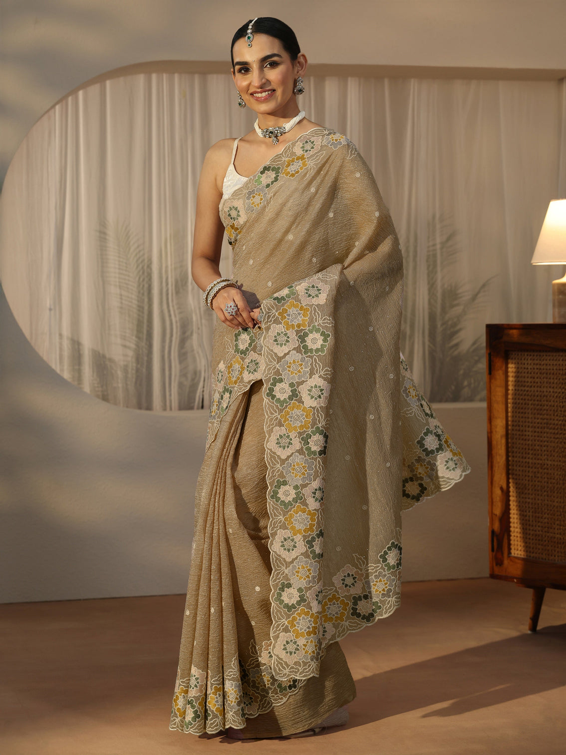Mameraa Peach Floral Stone Work Embroidered saree