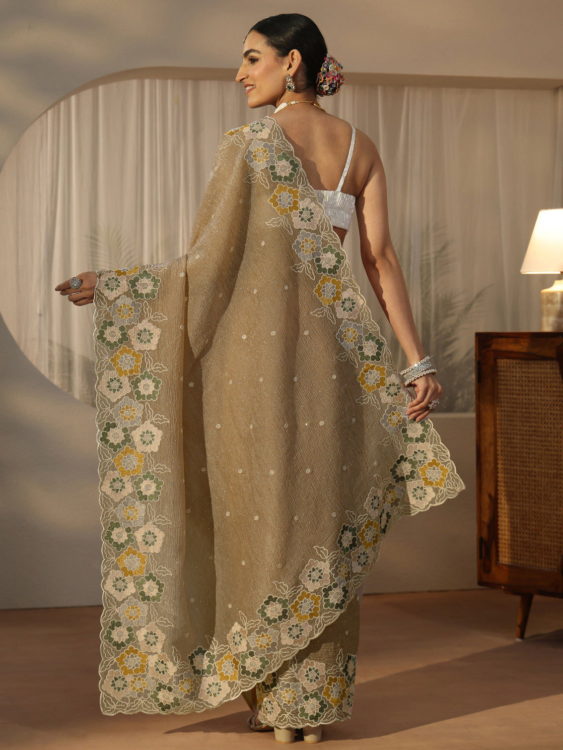 Mameraa Peach Floral Stone Work Embroidered saree