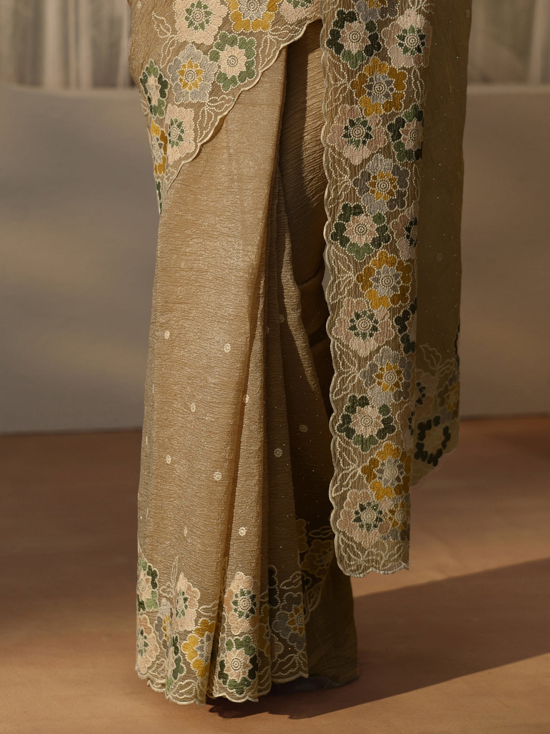 Mameraa Peach Floral Stone Work Embroidered saree