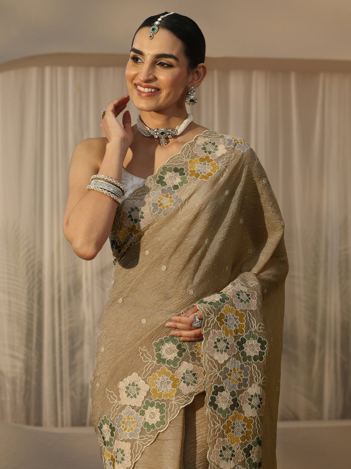 Mameraa Peach Floral Stone Work Embroidered saree