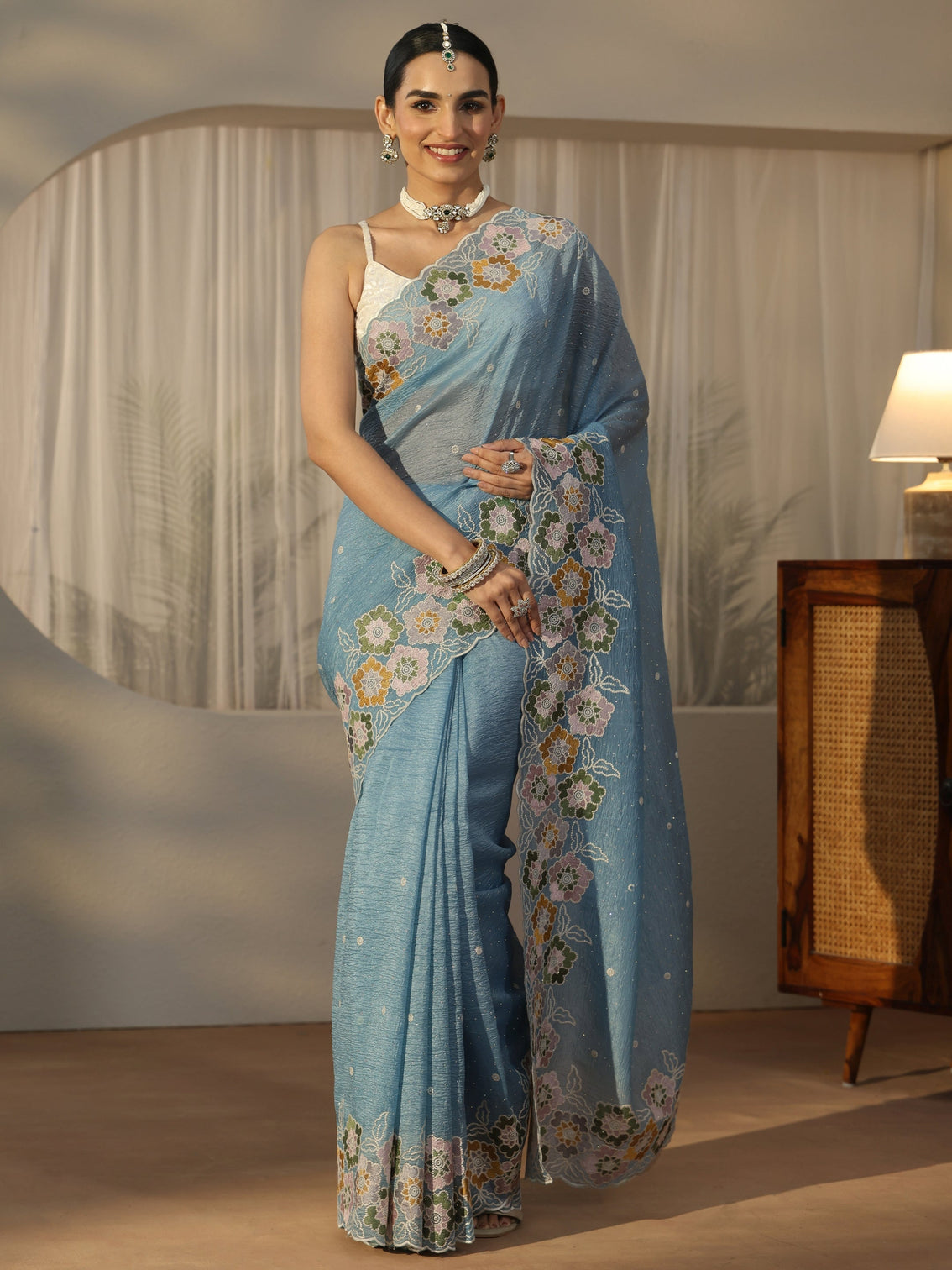 Mameraa Slate Blue Floral Embroidered Organza Saree