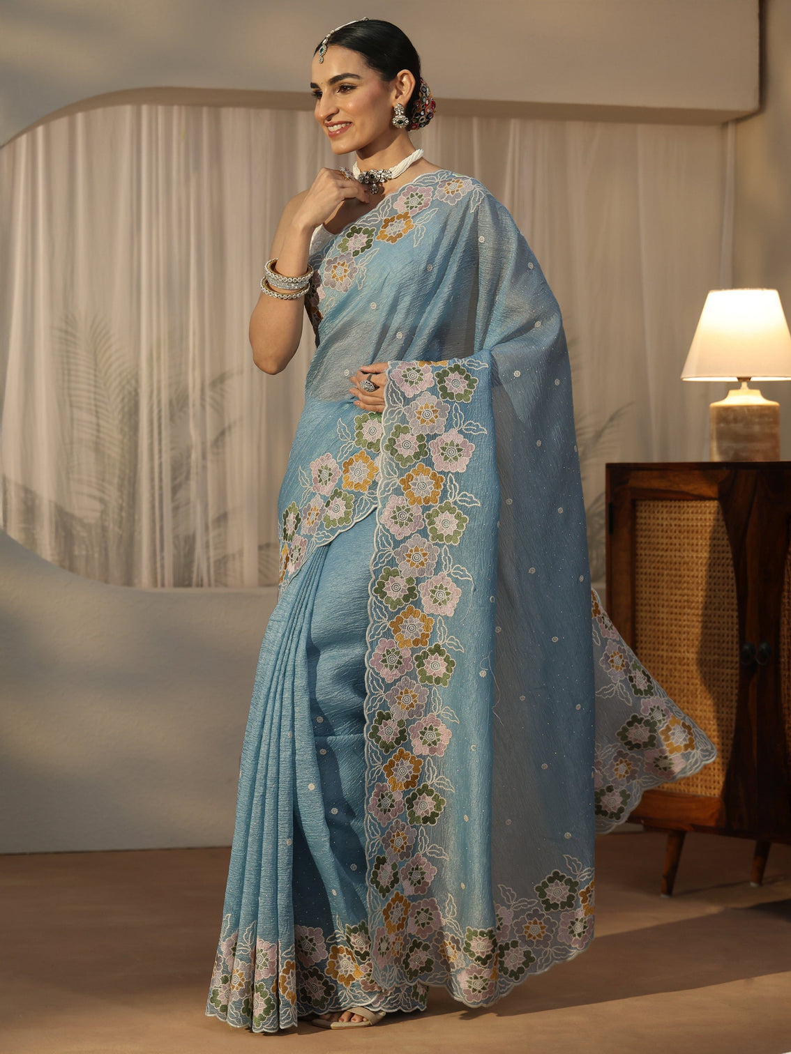 Mameraa Slate Blue Floral Embroidered Organza Saree