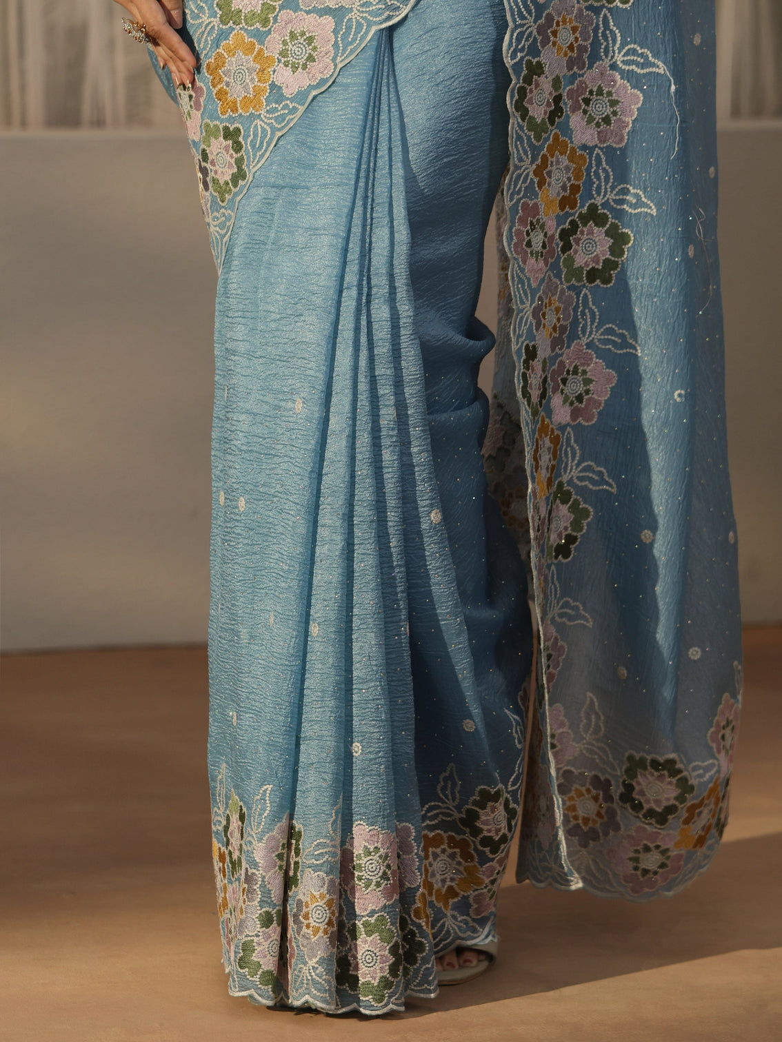 Mameraa Slate Blue Floral Embroidered Organza Saree