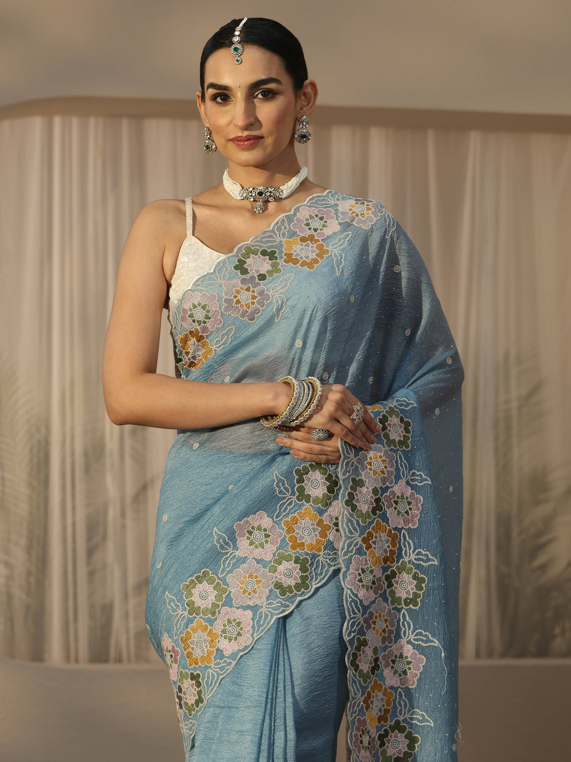 Mameraa Slate Blue Floral Embroidered Organza Saree