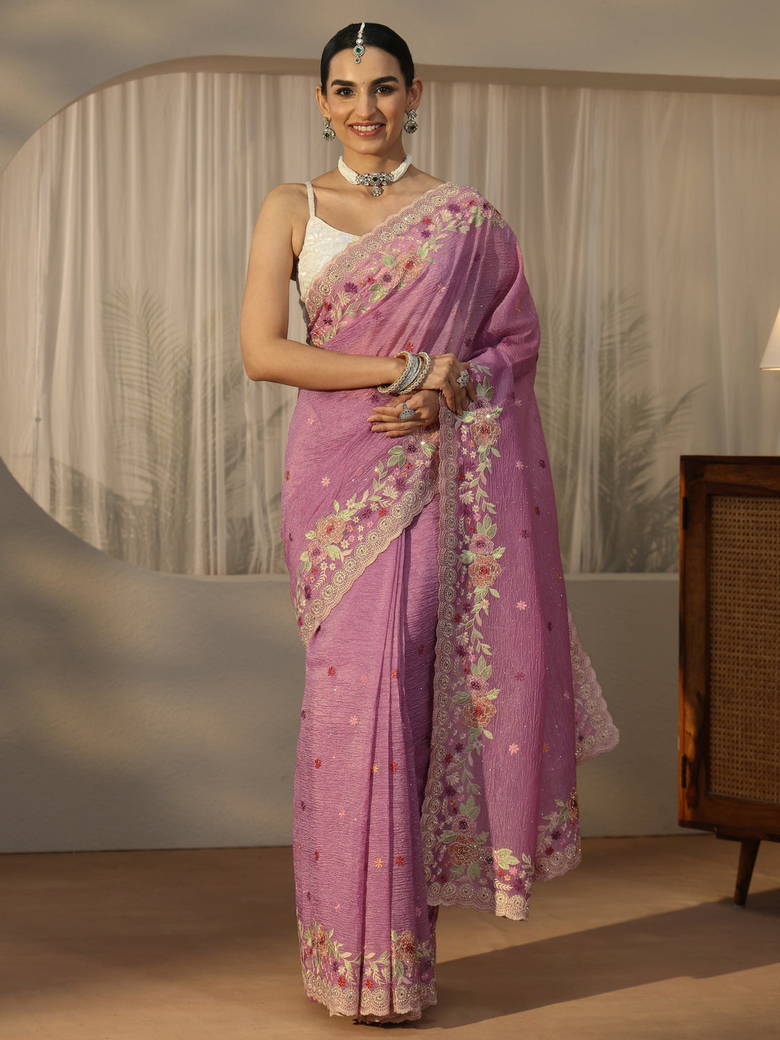 Mameraa Art Pink Floral Embroidered Tissue Saree