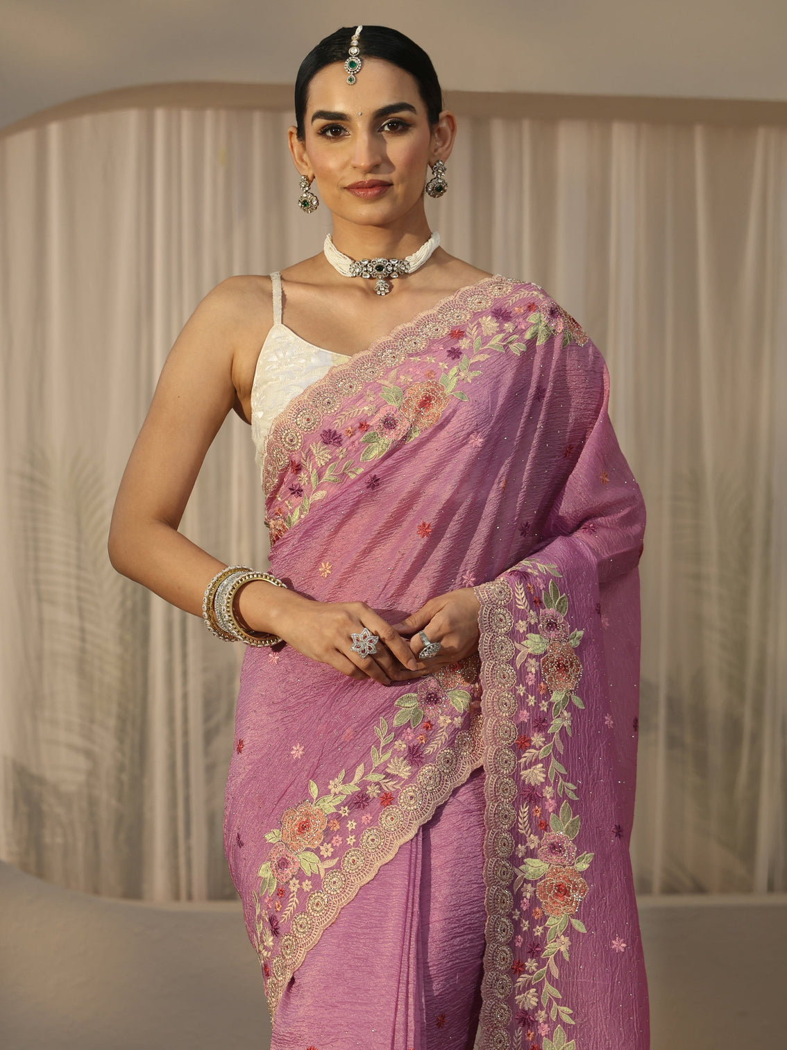 Mameraa Art Pink Floral Embroidered Tissue Saree