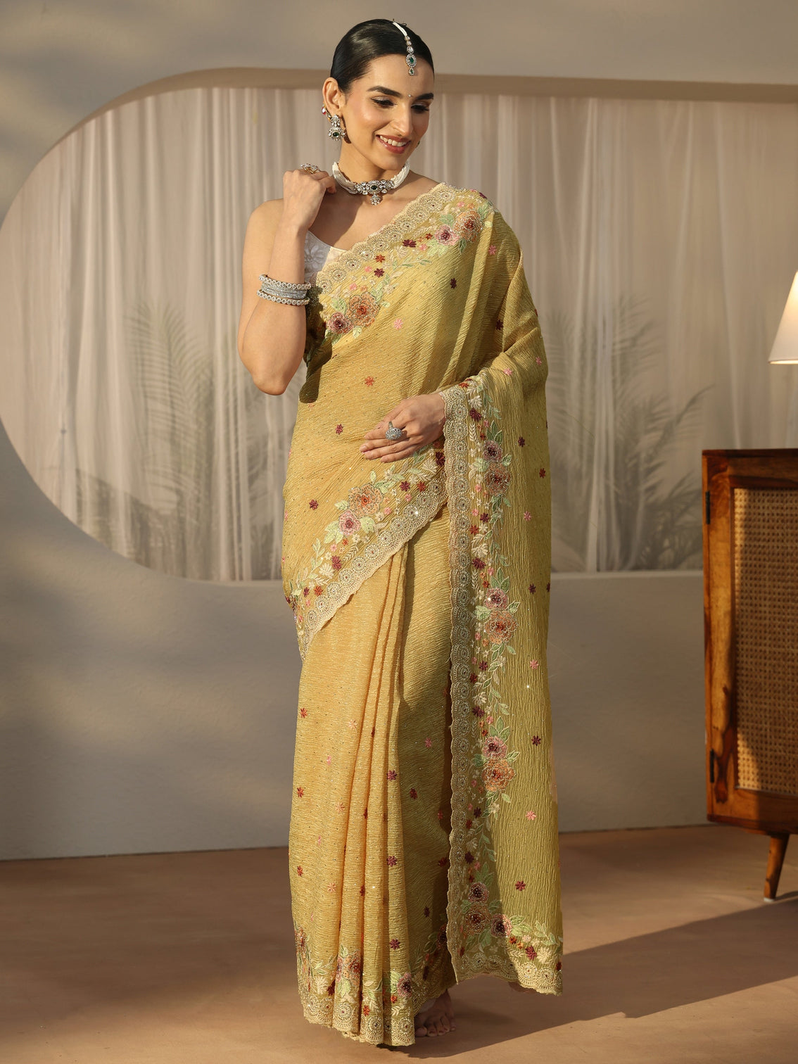 Mameraa Art Mustard Floral Embroidered Tissue Saree