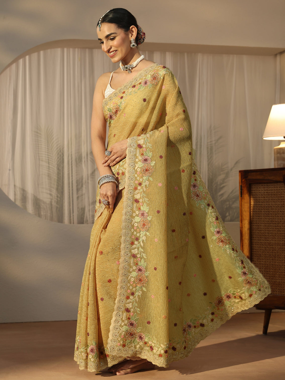 Mameraa Art Mustard Floral Embroidered Tissue Saree