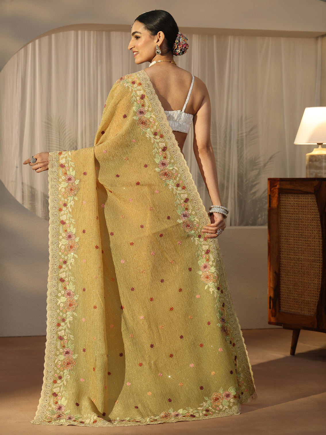 Mameraa Art Mustard Floral Embroidered Tissue Saree