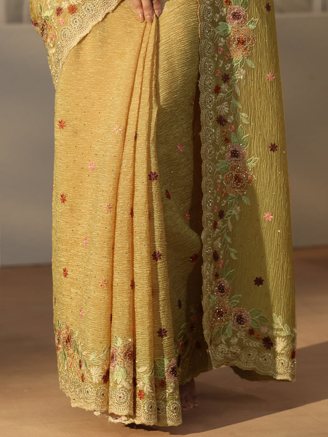 Mameraa Art Mustard Floral Embroidered Tissue Saree