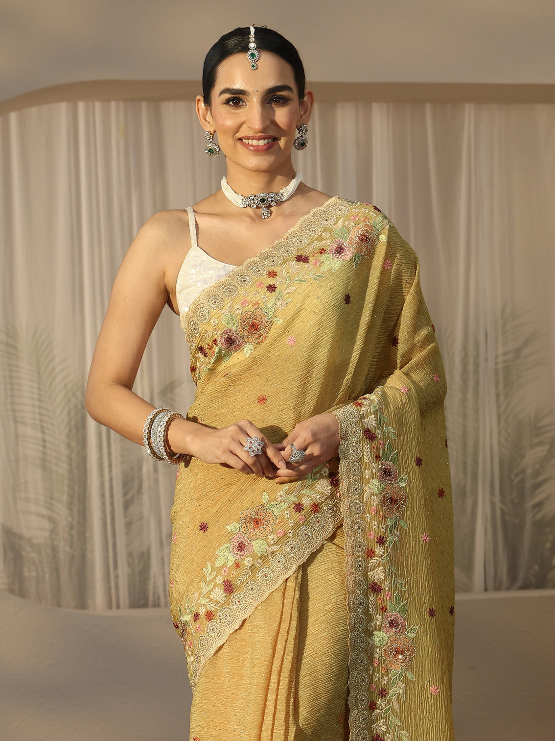 Mameraa Art Mustard Floral Embroidered Tissue Saree