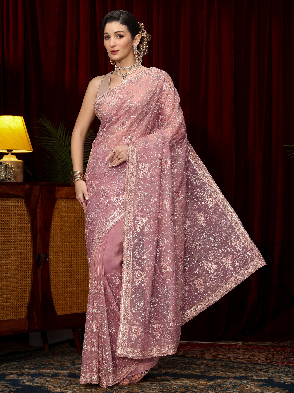 Mameraa Art Lavender Floral Sequin Embellished Tissue Saree