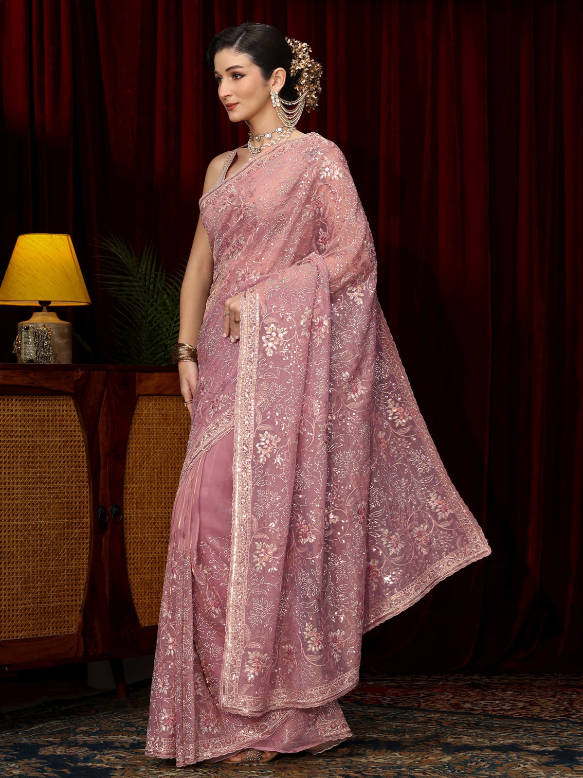 Mameraa Art Lavender Floral Sequin Embellished Tissue Saree