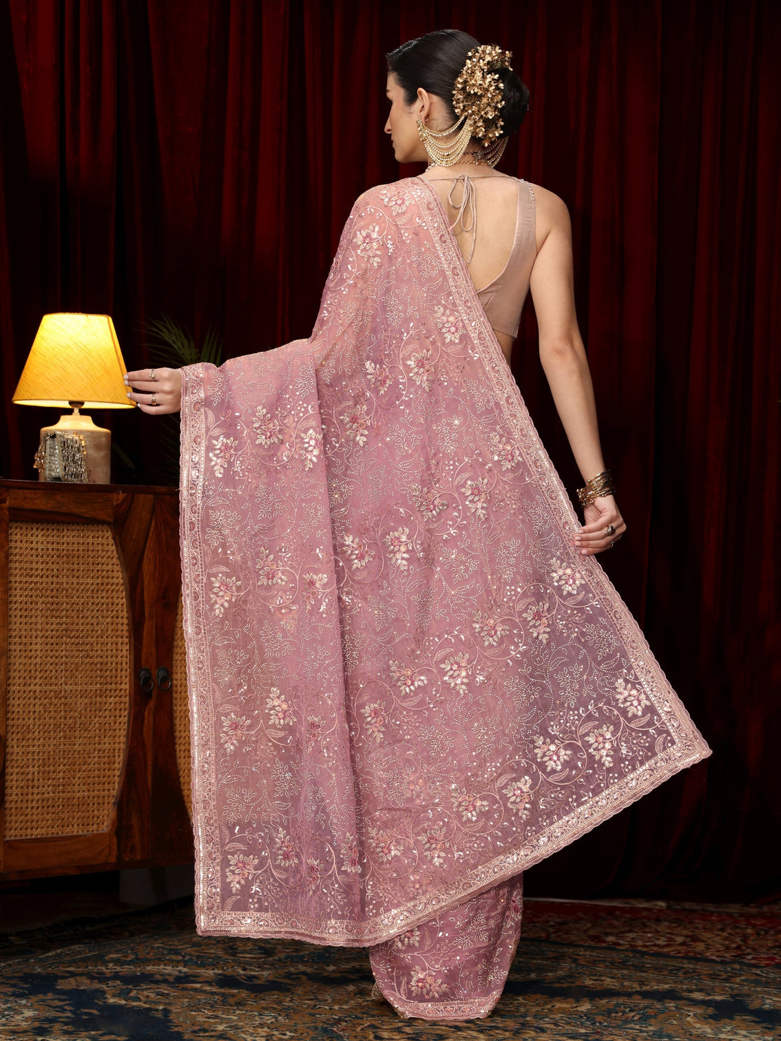 Mameraa Art Lavender Floral Sequin Embellished Tissue Saree