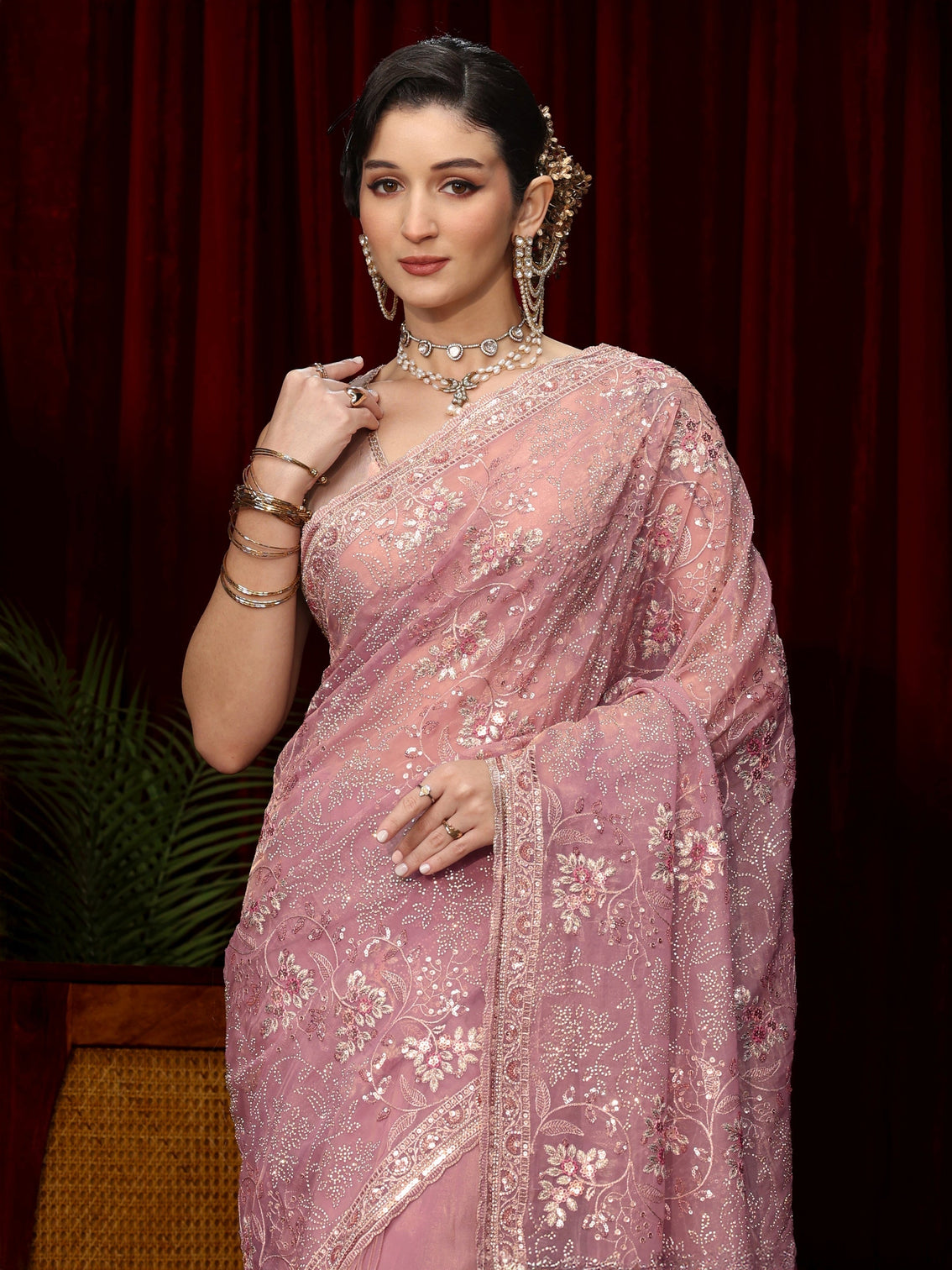 Mameraa Art Lavender Floral Sequin Embellished Tissue Saree