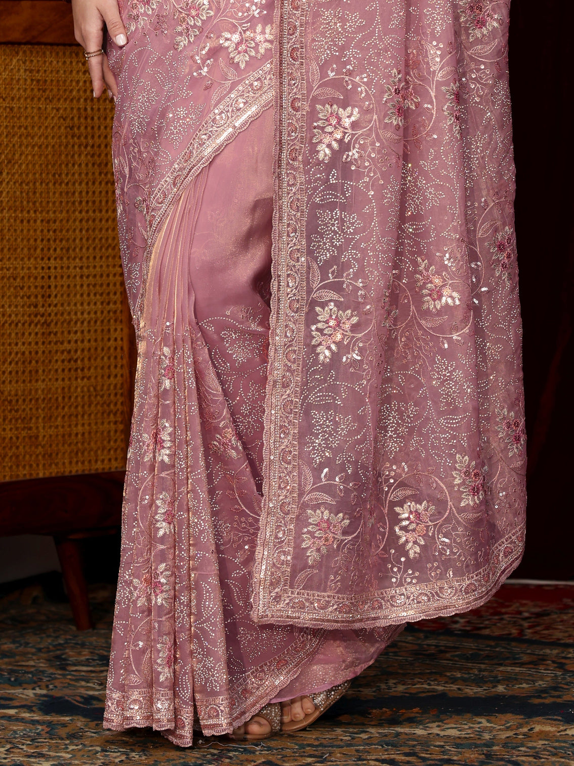 Mameraa Art Lavender Floral Sequin Embellished Tissue Saree