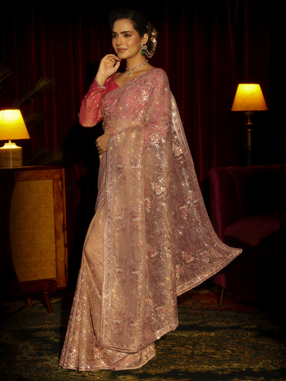 Mameraa Art Beige Floral Embellished Tissue Saree