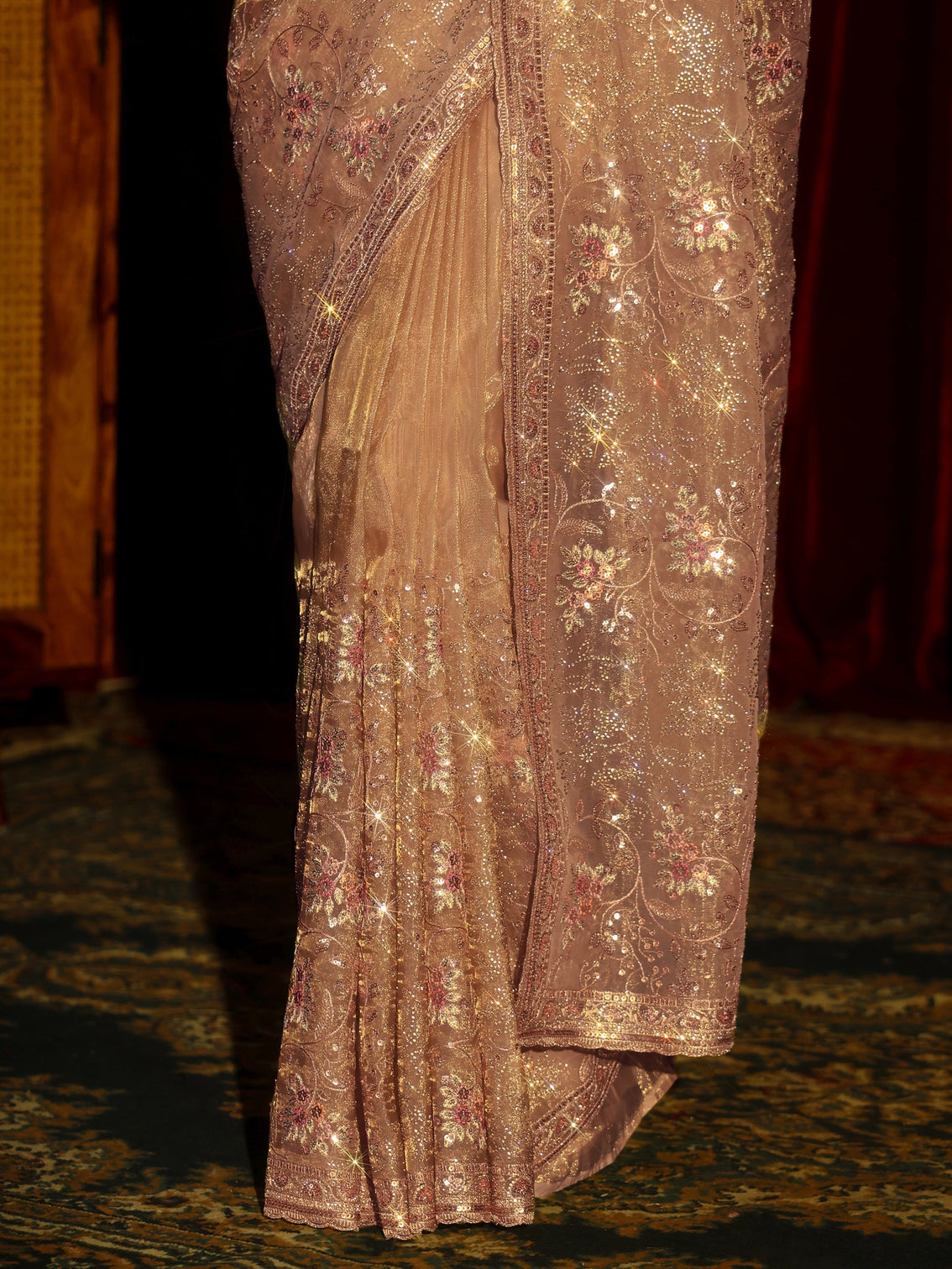 Mameraa Art Beige Floral Embellished Tissue Saree