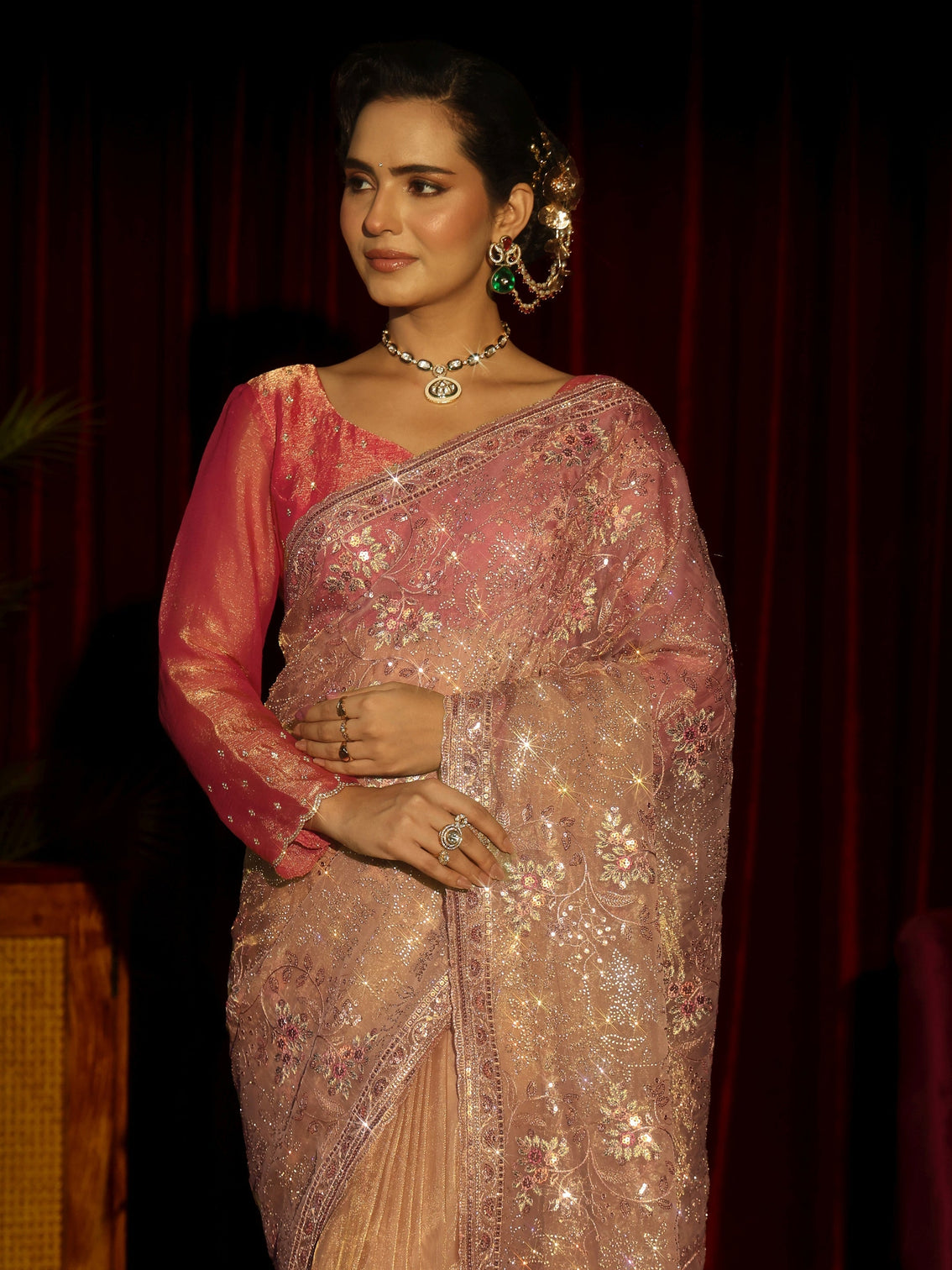 Mameraa Art Beige Floral Embellished Tissue Saree