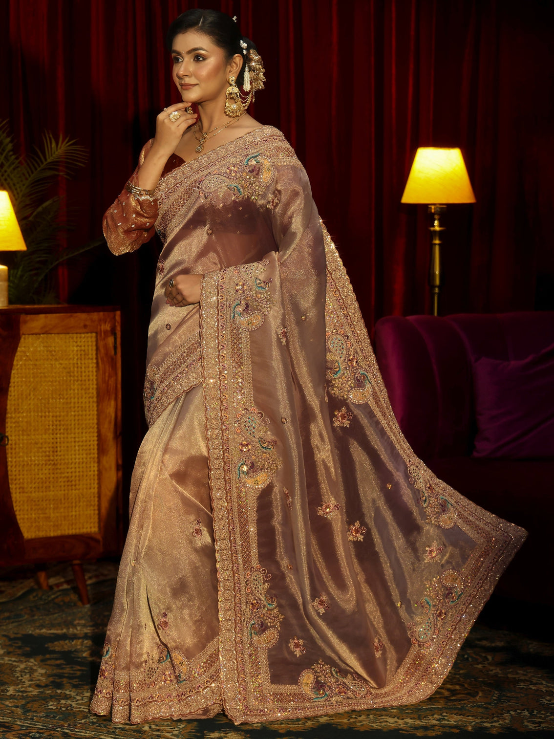 Mameraa Art Beige Sequin Embellished Tissue Saree