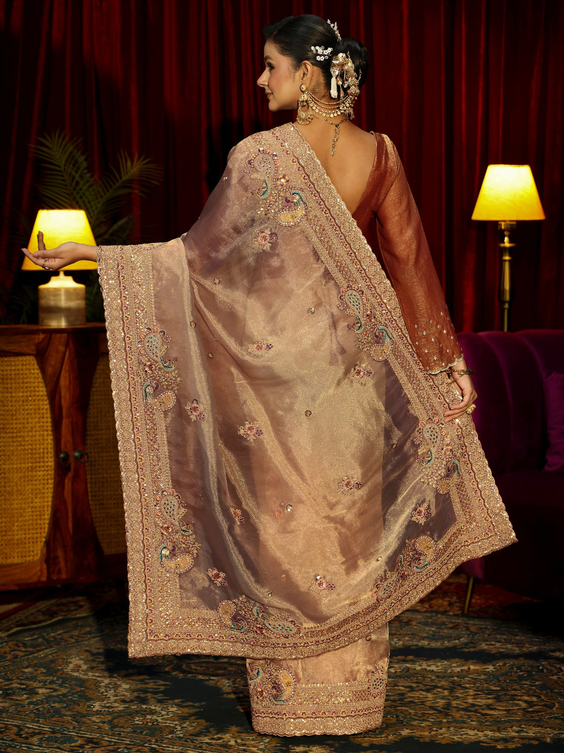 Mameraa Art Beige Sequin Embellished Tissue Saree
